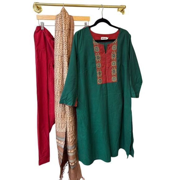 Fabindia Embroidered Green Kurti‎ Indian Ethnic Tunic Dress Red Contrast Size L - Picture 1 of 4